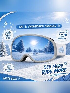POPOACTI Ski Snowboard Goggles Anti Fog OTG Spherical Lens White Blue New